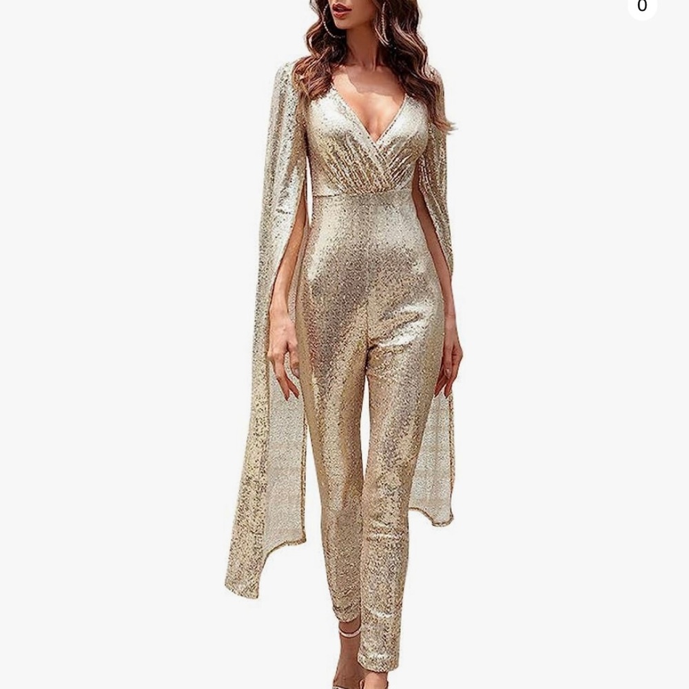 Gold body suit with Angel sleeves, v neckline size LARGE